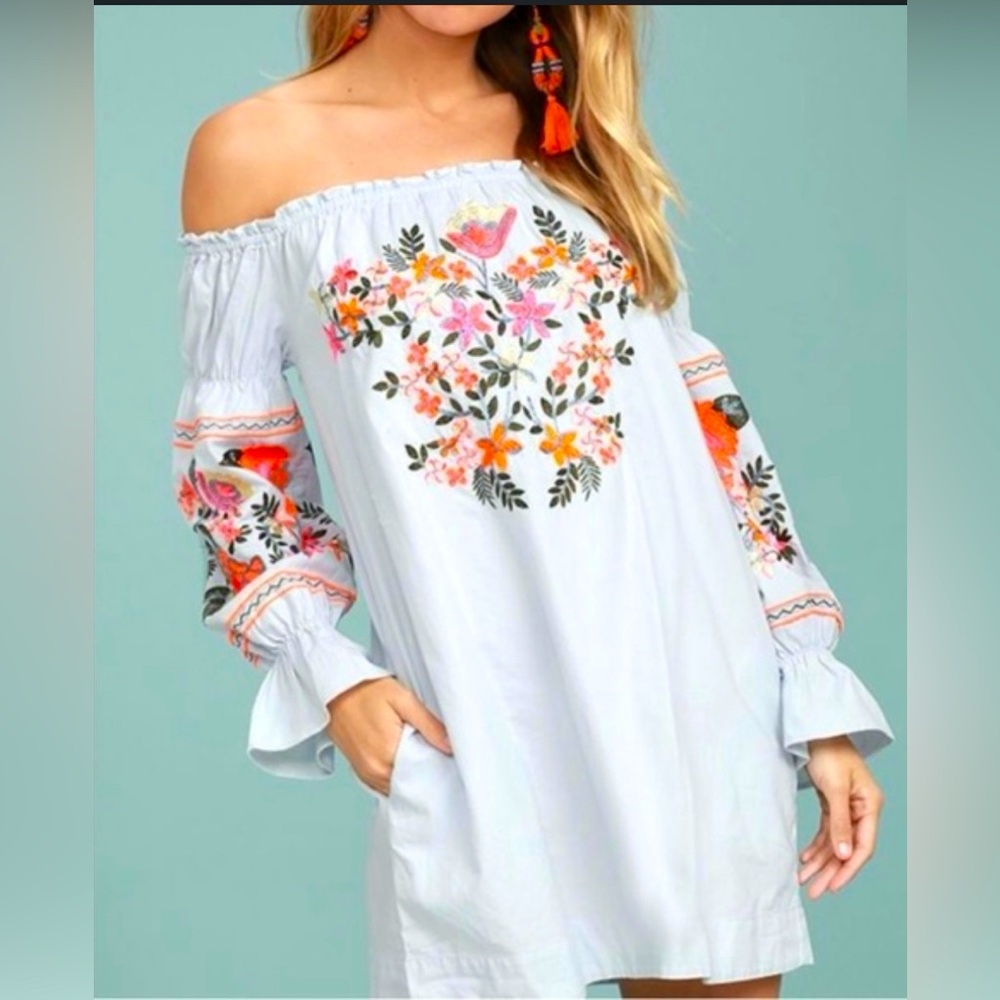 🌸FREE PEOPLE FLEUR DU JOUR Light Blue Off-the-Shoulder Shift Dress🌸